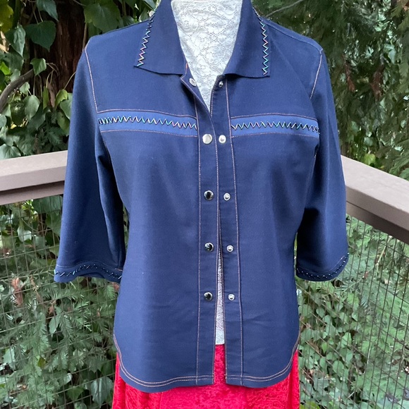 Vintage Tops - VTG  stretch Denim look blue western lightweight collared cuffs beads snap top M